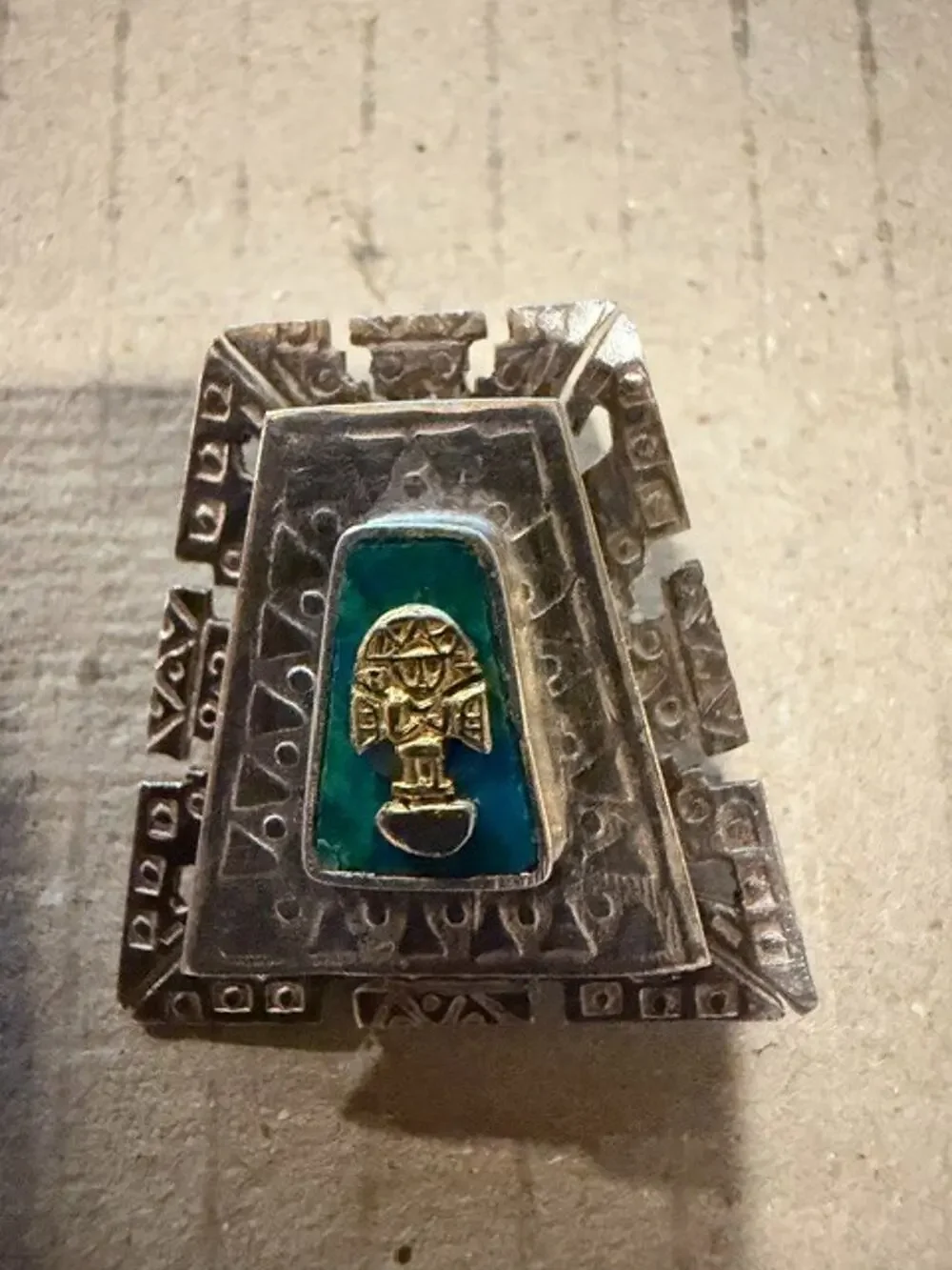 Mexican Sterling Brooch Pendant with Gold Figure and Turquoise Stone